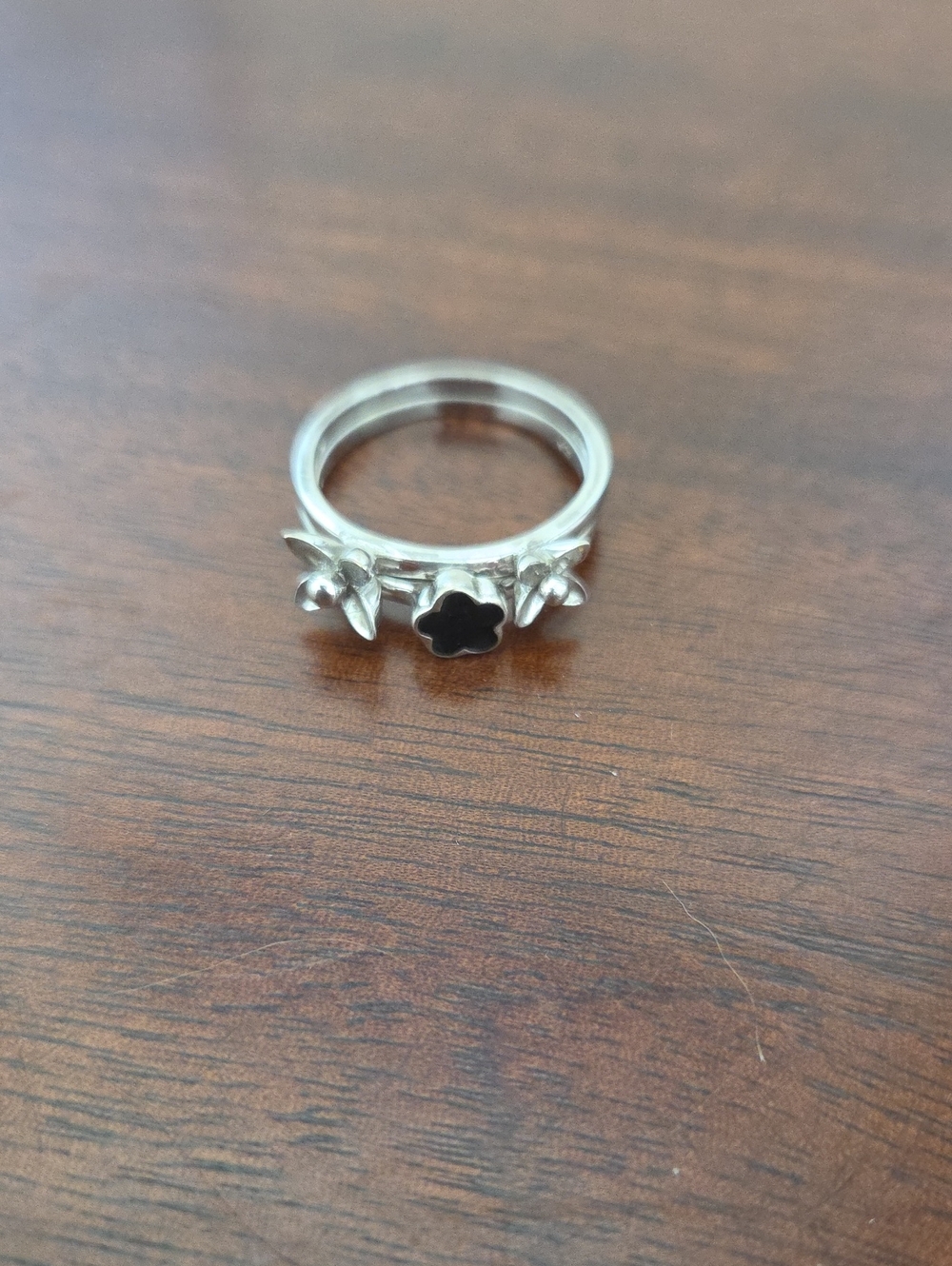 Sterling Silver Flower Stack Ring with Black Accent